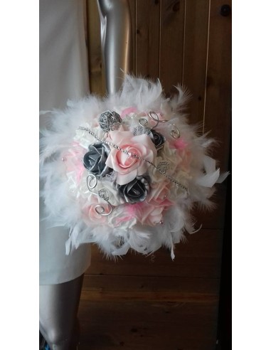 Bouquet Mariée Blanc ou ivoire, Rose, Argent, Strass et Plumes