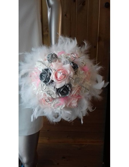 Bouquet Mariée Blanc ou ivoire, Rose, Argent, Strass et Plumes