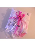 Coussin d\'alliances mariage blanc, fuchsia et strass