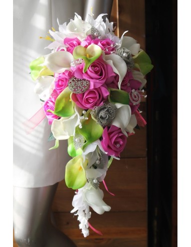 Bouquet Mariée tombant BIJOUX vert anis et fuchsia