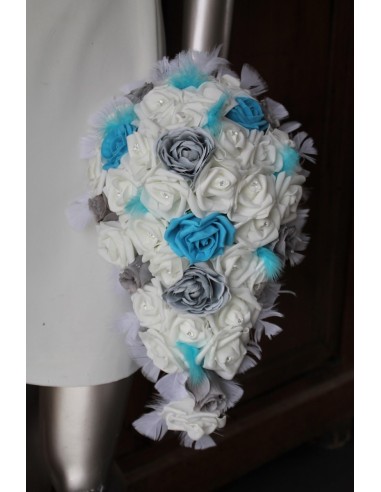 Bouquet mariage retombant Bleu turquoise Royale, blanc et gris