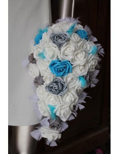 Bouquet mariage retombant Bleu turquoise Royale, blanc et gris