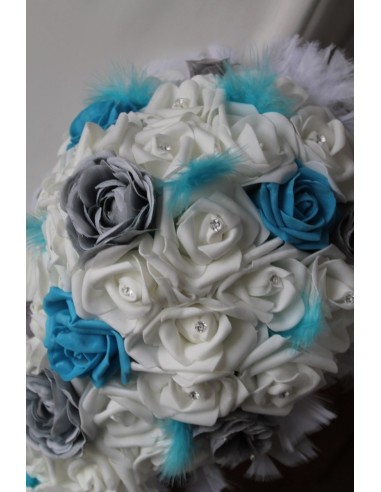 Bouquet mariage retombant Bleu turquoise Royale, blanc et gris