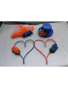 Décoration voiture mariage Chapeau voile et cœurs orange et bleu roi