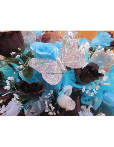 Decoration voiture, table mariage avec plumes turquoise et chocolat