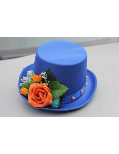 Décoration voiture mariage Chapeau voile et cœurs orange et bleu roi