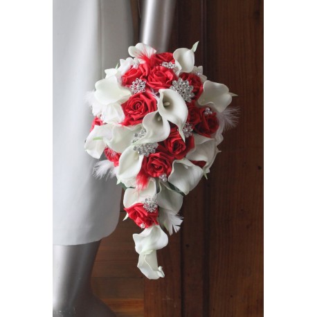 Bouquet Mariée tombant BIJOUX blanc et rouge