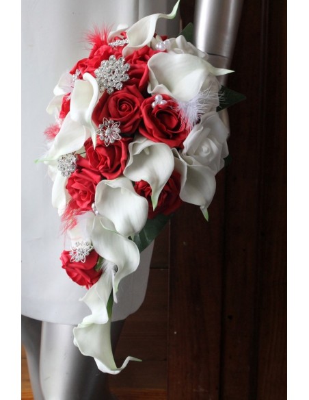 Bouquet Mariée tombant BIJOUX blanc et rouge