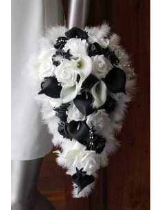 Lot Mariage: Bouquet Mariée et 3 boutonnières arums noir et blanc