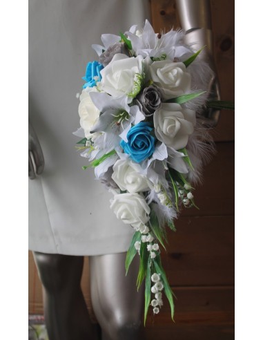 Bouquet de mariée Roses, Lys, gypsophile et muguet blanc turquoise