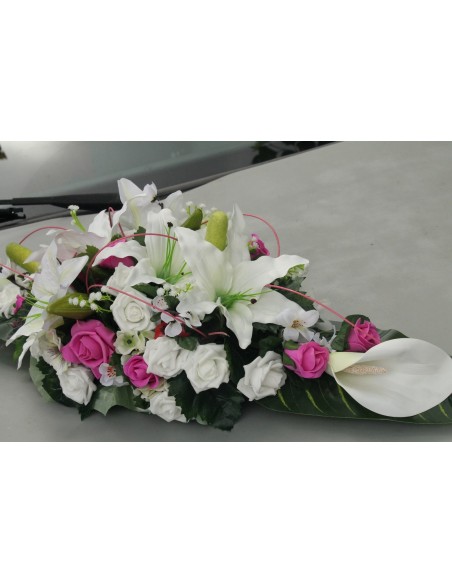 PROMO DU JOUR Gerbe de voiture de mariage couleur blanc, fuchsia