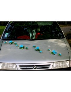 Décoration de voiture pour mariage thème turquoise et argent