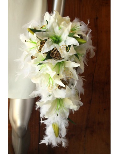 Bouquet de Mariée lys Blanc Tombant thème Or plumes