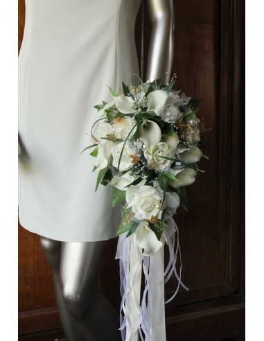 BEAU Bouquet de Mariée tombant  thème Arums blanc et Or