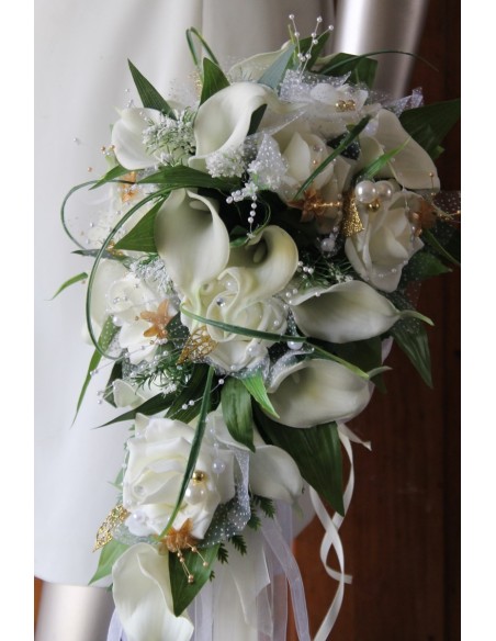 BEAU Bouquet de Mariée tombant  thème Arums blanc et Or
