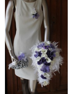 Bouquet Mariée, boutonnière, coussin d'alliance, cœurs de voiture violet