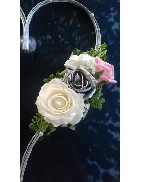 Coeurs pour voiture de mariage thème rose et argent