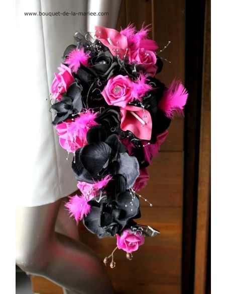 Beau Bouquet Mariée Tombant thème Fuchsia et Noir, fleurs mariage