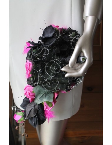Beau Bouquet Mariée Tombant thème Fuchsia et Noir, fleurs mariage