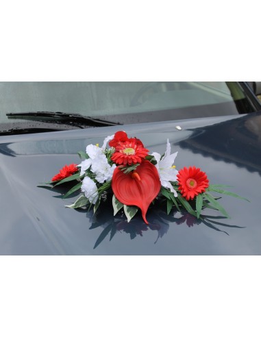 Composition florale voiture mariage + 4 petites décorations rouge