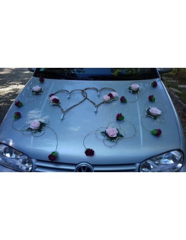 Décoration Voiture de mariage coeurs or, rose, bordeaux