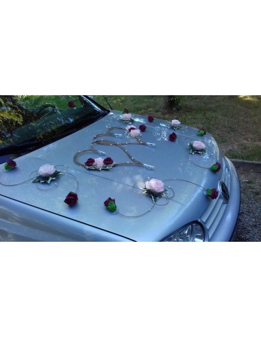 Décoration Voiture de mariage coeurs or, rose, bordeaux