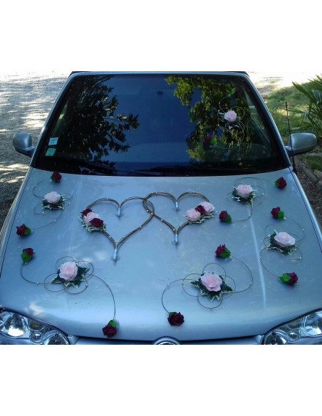 Décoration Voiture de mariage coeurs or, rose, bordeaux