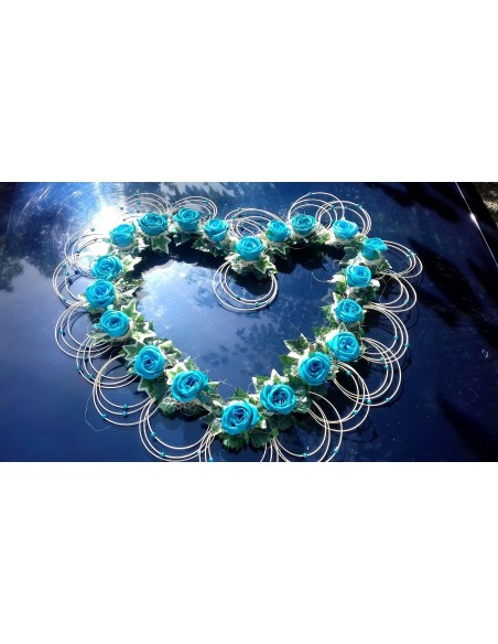 Décoration voiture mariage Grand cœur roses turquoise 80 cm