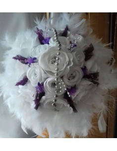 Bouquet mariée et boutonnière blanc et violet plumes