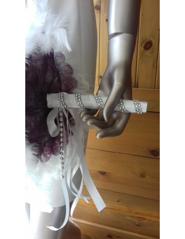Bouquet mariée et boutonnière blanc et violet plumes
