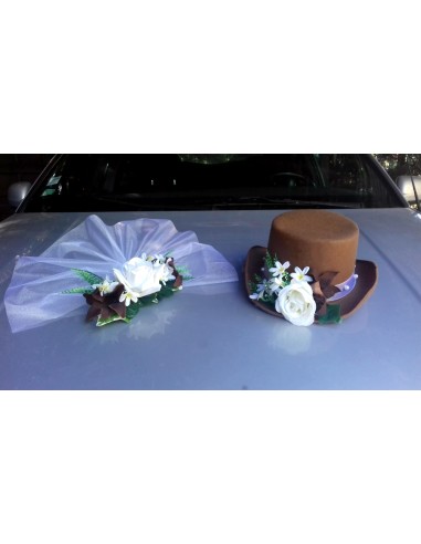 Chapeau et voile ventouses  pour voiture mariage chocolat