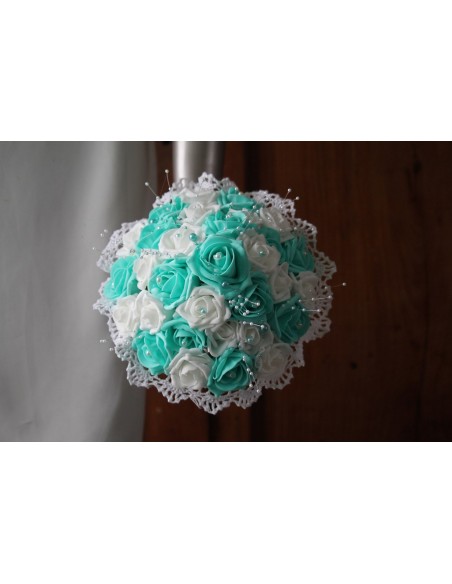 Bouquet Mariée Rond roses, perles et strass couleur Pastel MENTHE