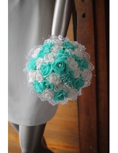 Bouquet Mariée Rond roses, perles et strass couleur Pastel MENTHE