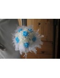 Bouquet Mariée Rond thème bleu et blanc avec plumes