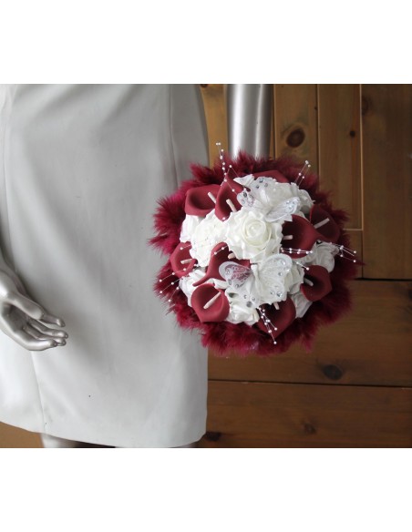 Mariage Bouquet Mariée Rond Arums Roses bordeaux