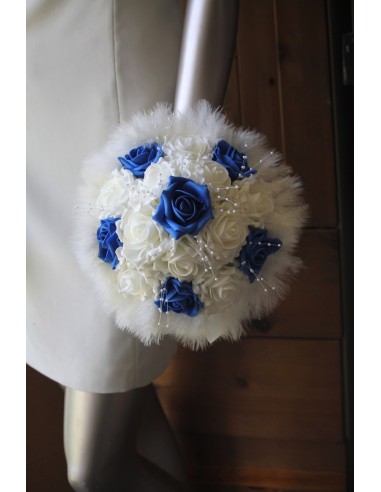 Bouquet mariee rond bleu perles plumes