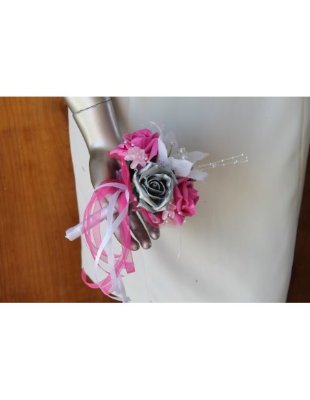 Bouquet demoiselle d'honneur Blanc, Fuchsia, Argent