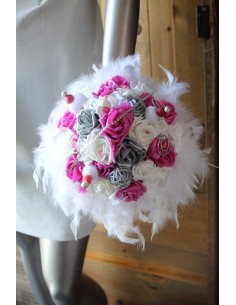 Bouquet Mariée Blanc, Fuchsia, Argent, Strass, Plumes et bonbons