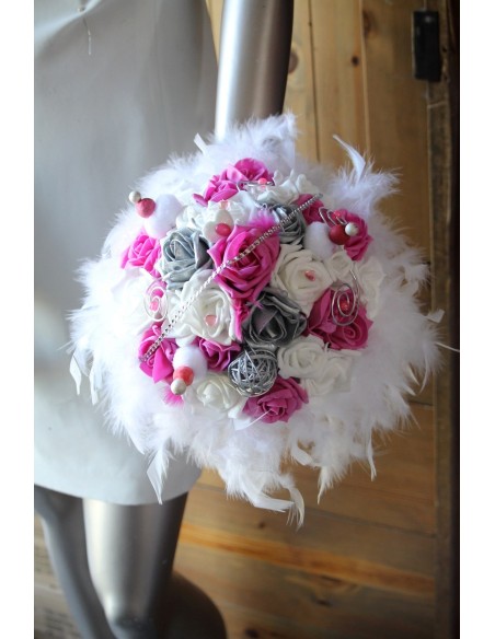 Bouquet Mariée Blanc, Fuchsia, Argent, Strass, Plumes et bonbons