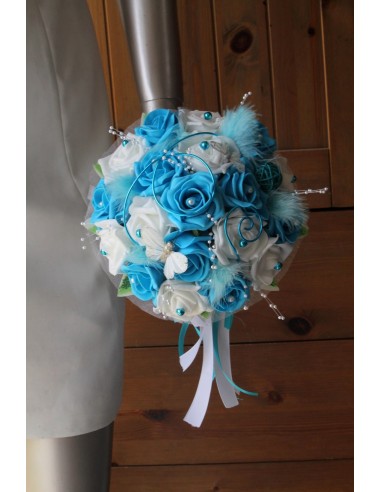 Bouquet Mariée Rond Roses Turquoise fil d'aluminium