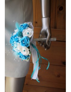Bouquet Mariée Rond Roses Turquoise fil d'aluminium 2