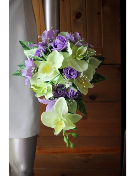 Resplendissant Bouquet de Mariée Cascade Vert Anis et Parme