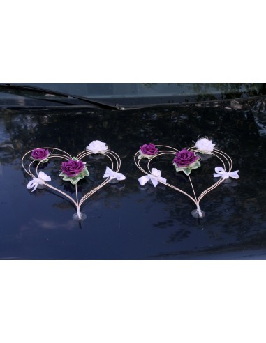 2 Magnifiques coeurs voiture mariage roses violet blanc