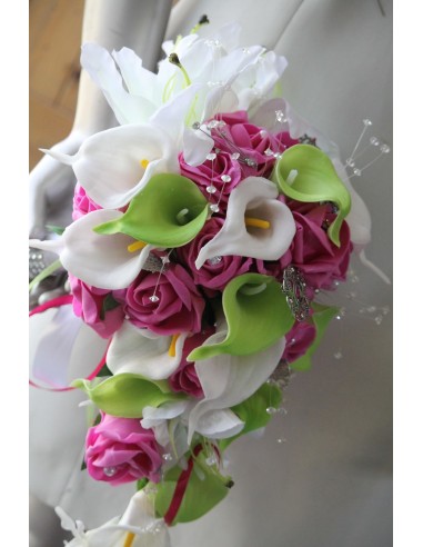 PROMO Bouquet Mariée tombant BIJOUX vert, fuchsia et blanc