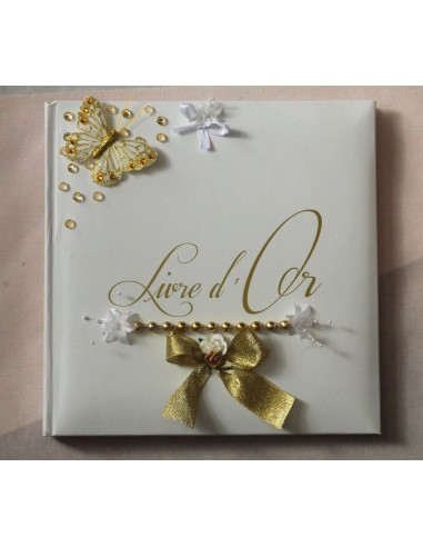 Livre d'or mariage couleur blanc et or dorée papillon perles