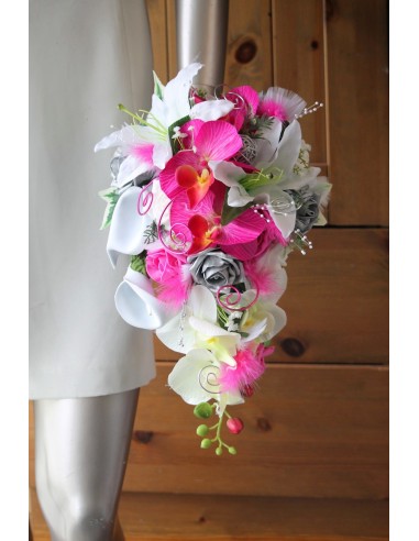 Bouquet Mariée Tombant avec des orchidées blanc, gris et fuchsia