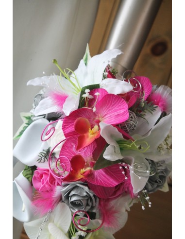 Bouquet Mariée Tombant avec des orchidées blanc, gris et fuchsia