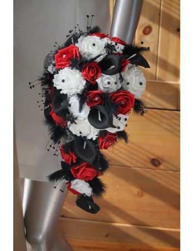 Magnifique Bouquet mariee cascade rouge et noir perles
