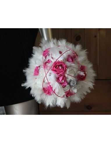 SOLDES Bouquet Mariée Ivoire et Fuchsia plumes, rotin, colombes!