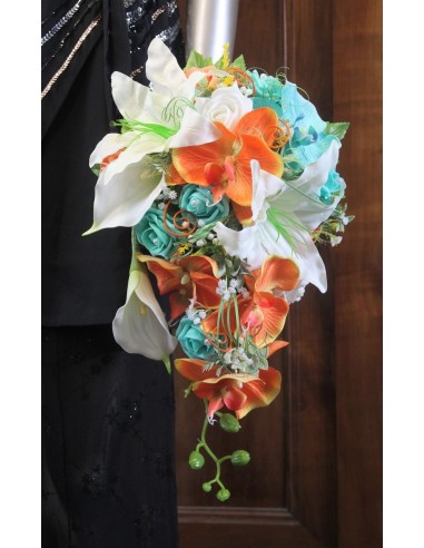 Bouquet mariage Tombant Lys et Orchidée orange et menthe